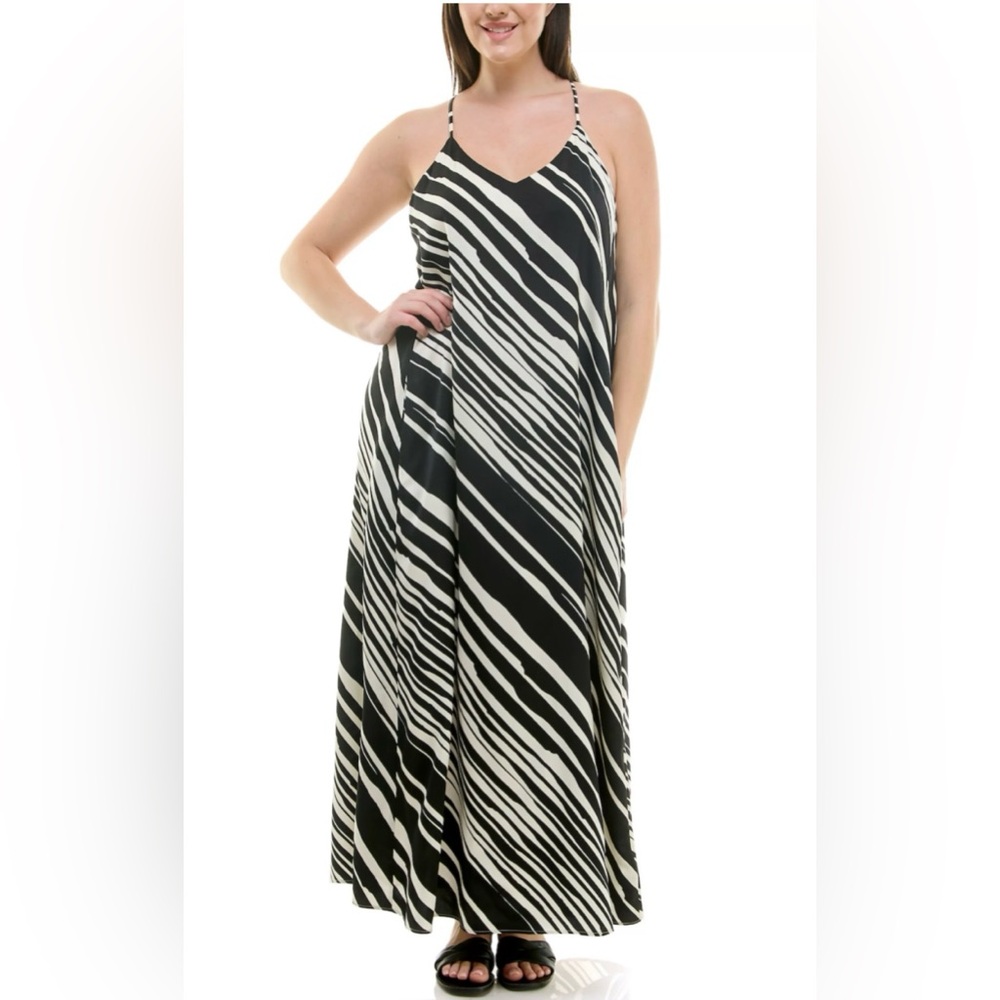 Nicole Miller Sleeveless Flowy Black and White Striped Maxi Slip Dress - Size M